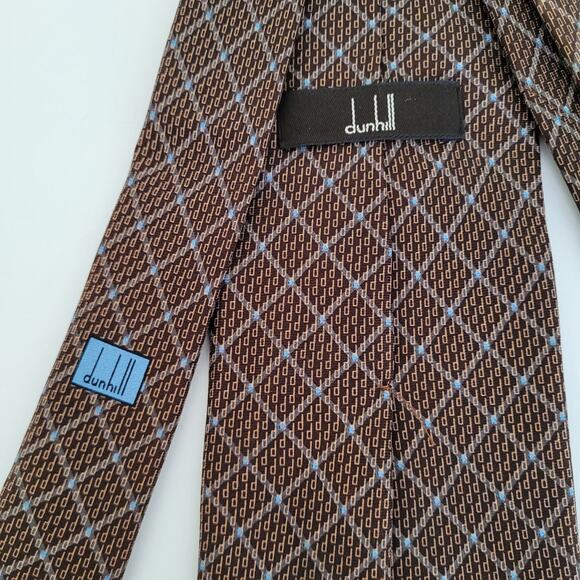 Dunhill Men's Neck Tie Made In Italy Designer Silk Brown Blue Geometric Classic - Picture 2 of 6
